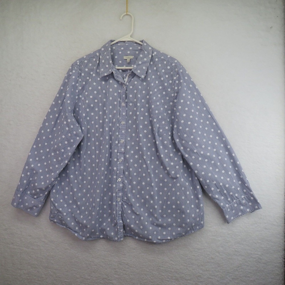 Talbots Shirt‎ Womens 3XL Striped Button Down Blue White Polka Dots Long Sleeve